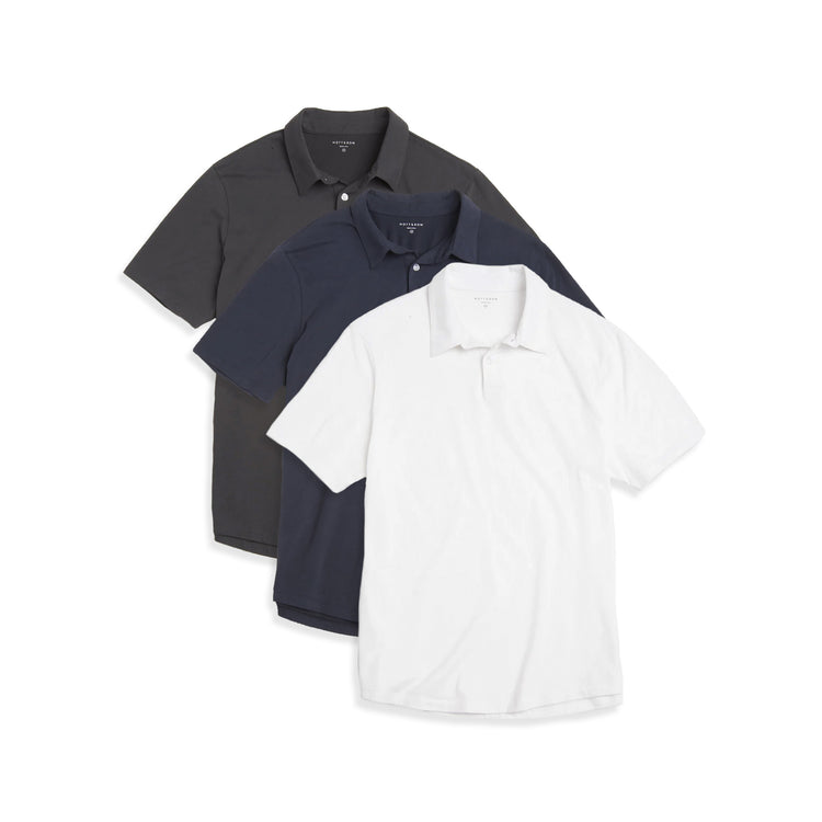  wearing White/Navy/Dark Gray Jersey Sueded Polo 3-Pack