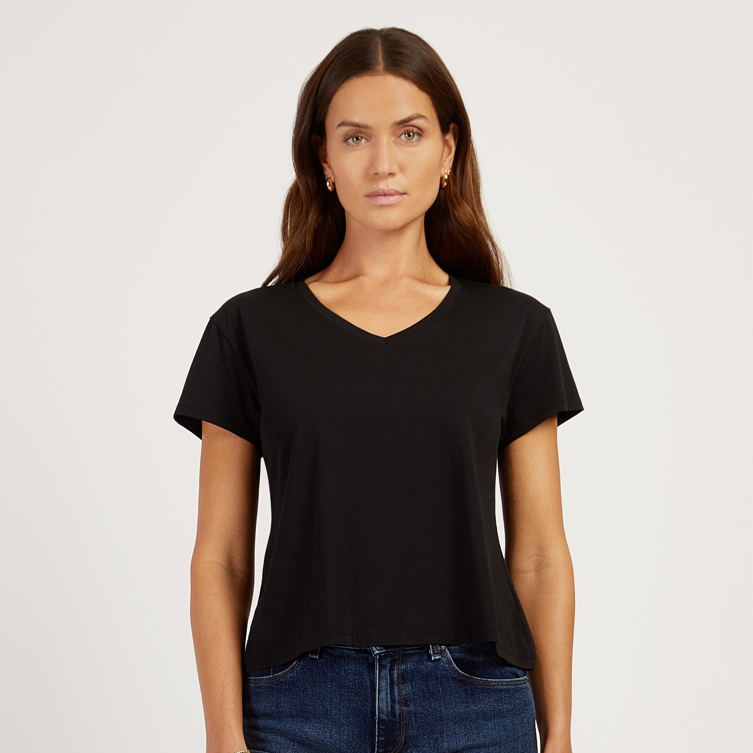 Women wearing Black The Cotton Relaxed V-Neck Tee