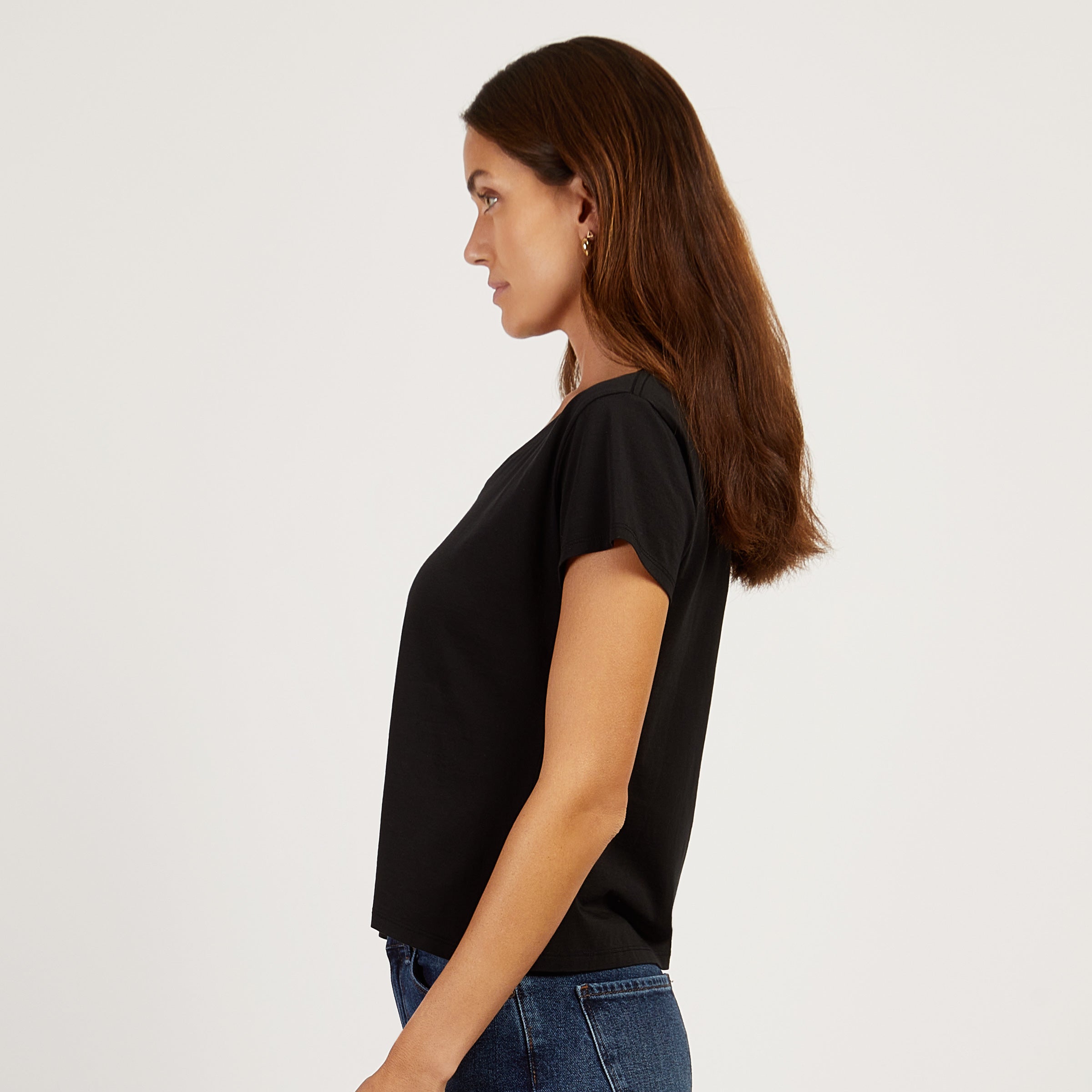 Women wearing Black The Cotton Relaxed V-Neck Tee