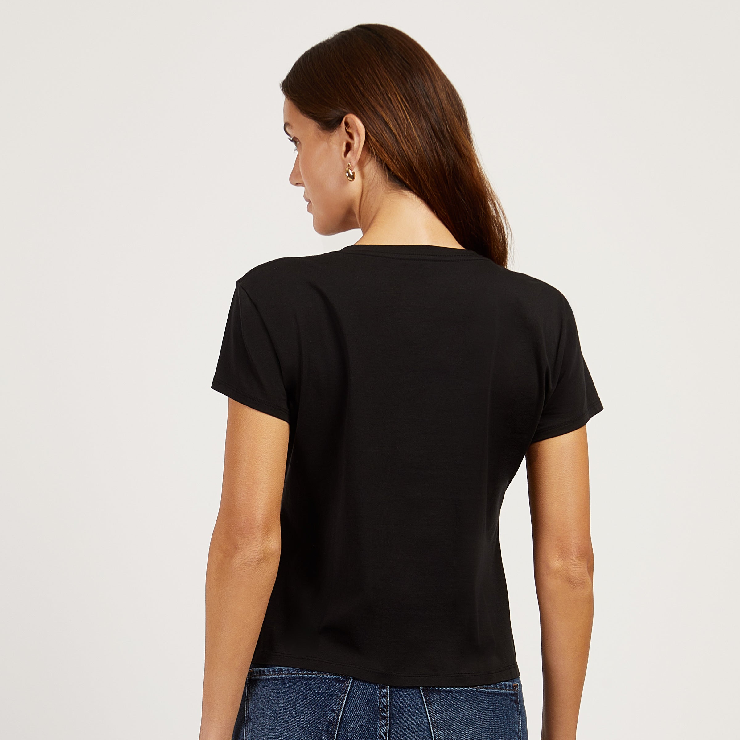 Women wearing Black The Cotton Relaxed V-Neck Tee