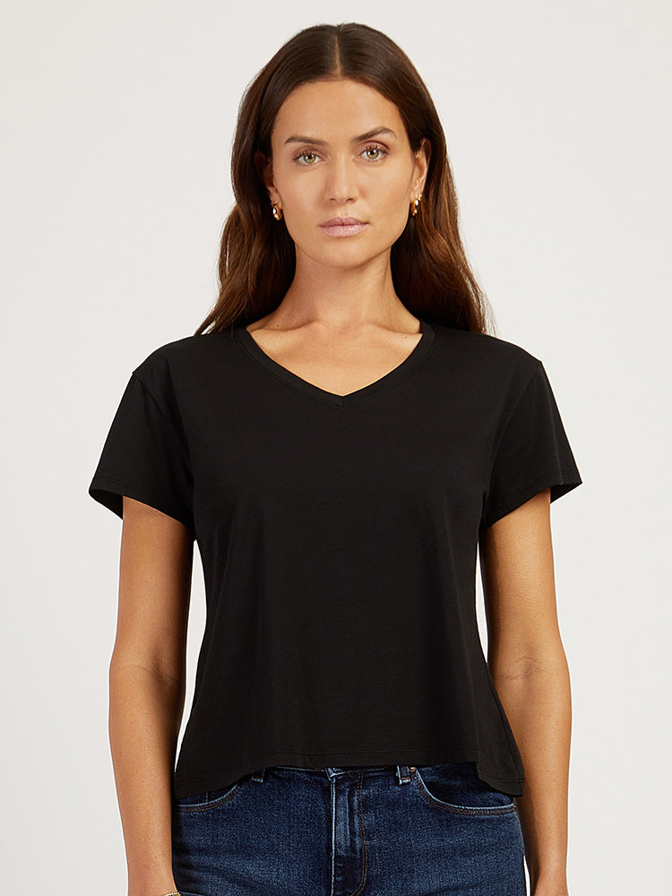 Women wearing Black The Cotton Relaxed V-Neck Tee