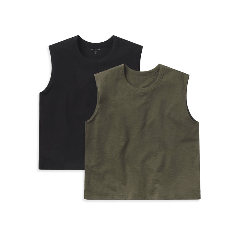  wearing Military Green/Black Relaxed Slub Tank 2-Pack