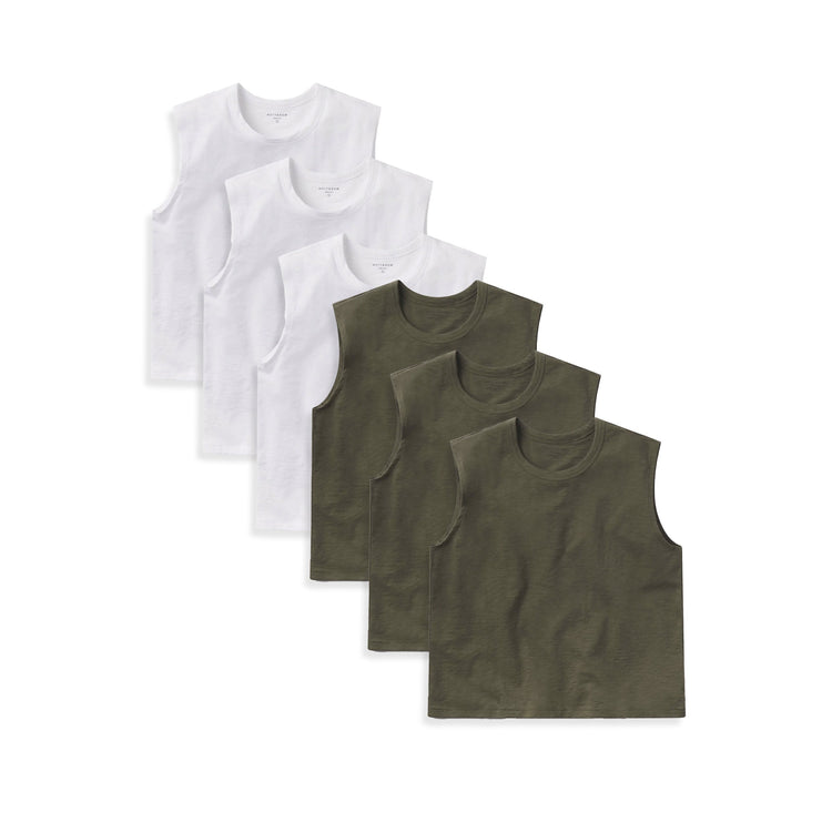  wearing White/Military Green Relaxed Slub Tank 6-Pack