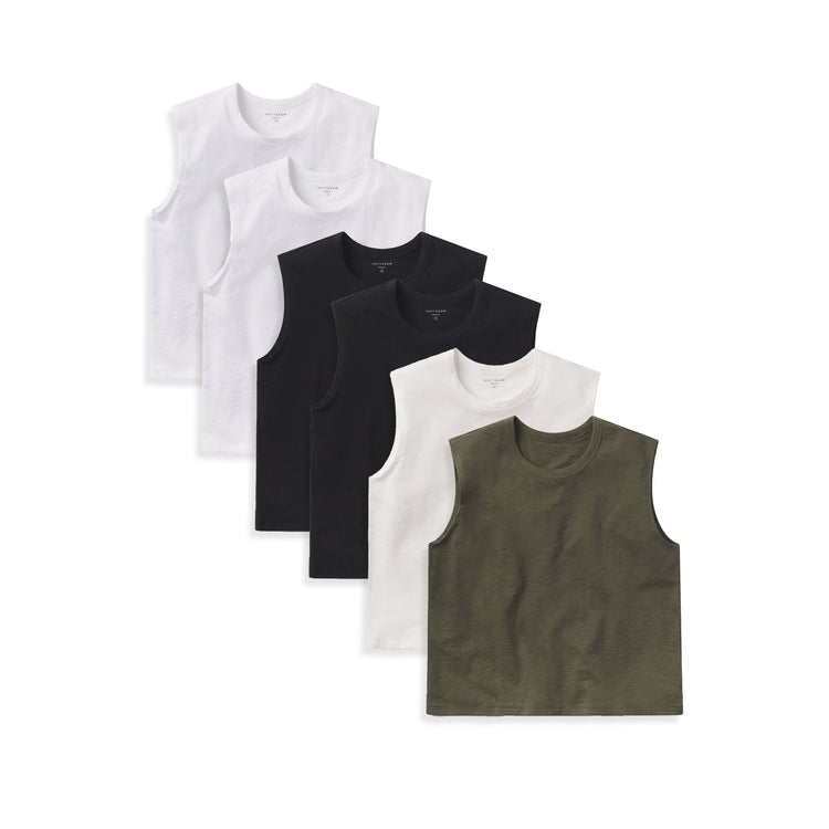  wearing White/White/Black/Black/Bone/Military Green Relaxed Slub Tank 6-Pack