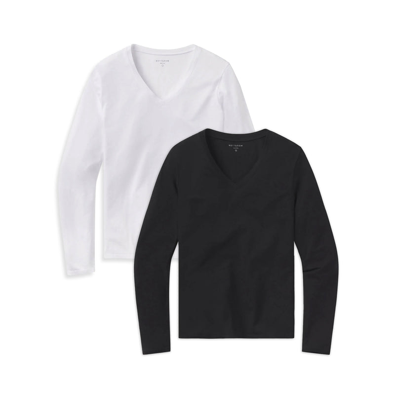  wearing Black/White Long Sleeve V-Neck Tee Marcy 2-Pack