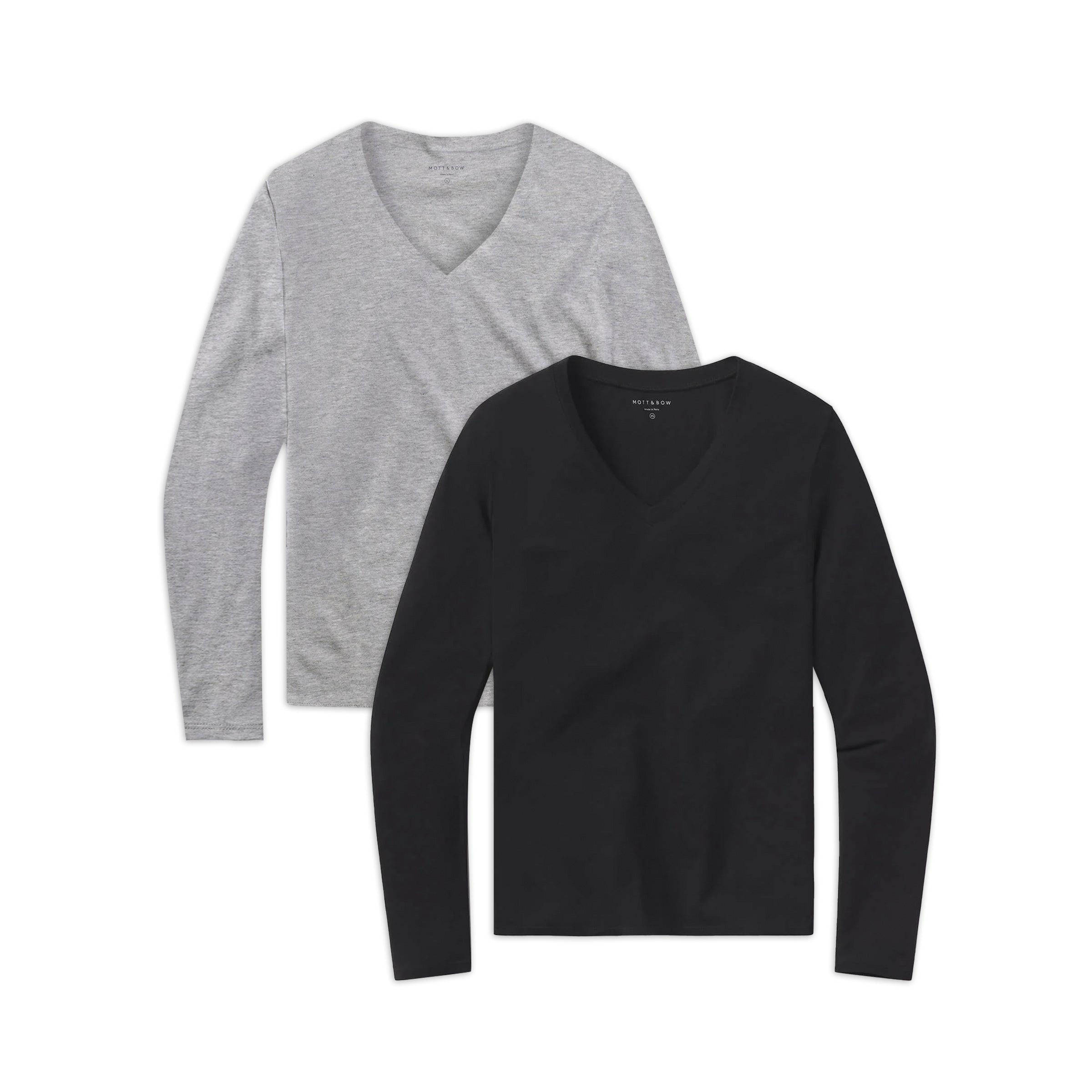  wearing Heather Gray/Black Long Sleeve V-Neck Tee Marcy 2-Pack