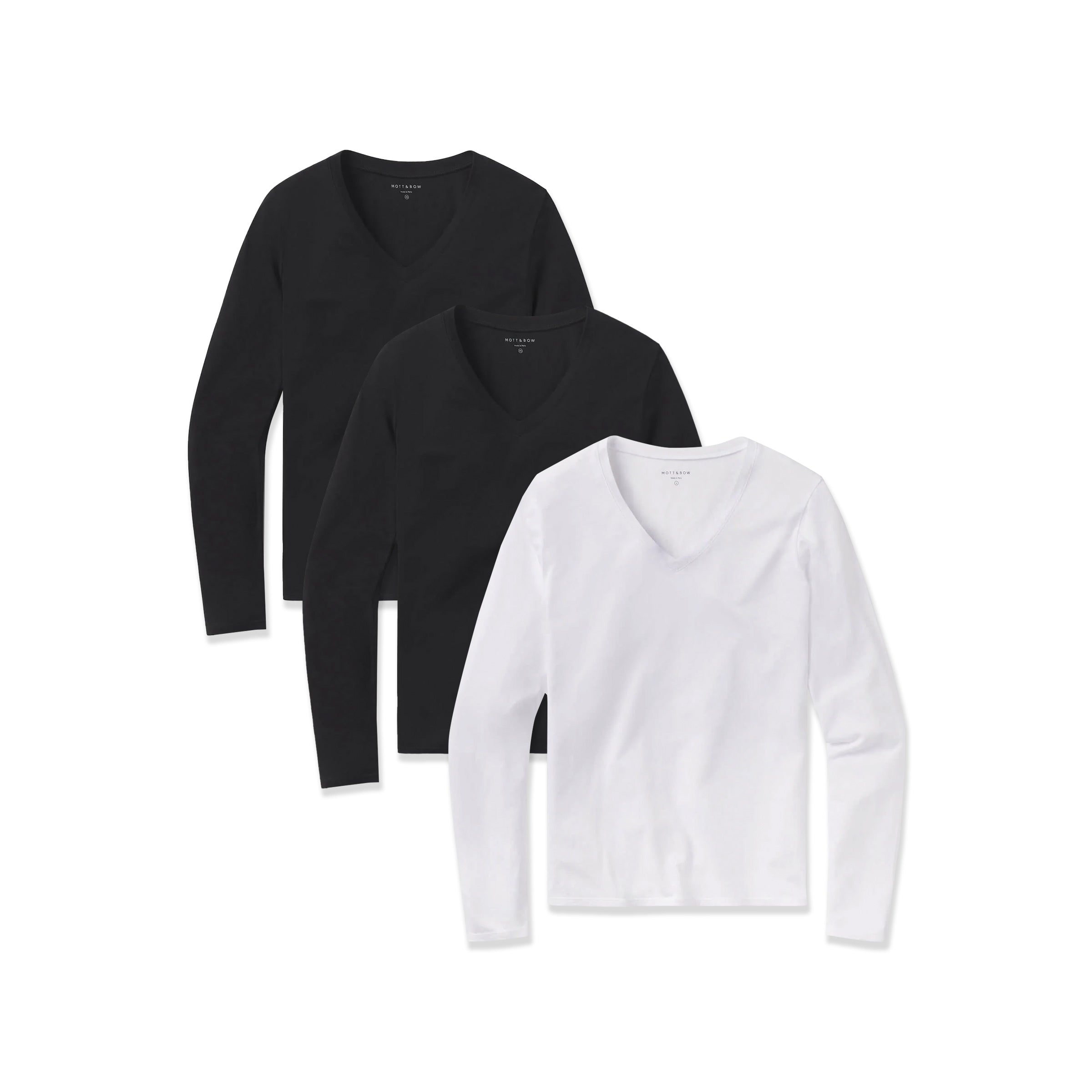  wearing Black/Black/White Long Sleeve V-Neck Tee Marcy 3-Pack tees