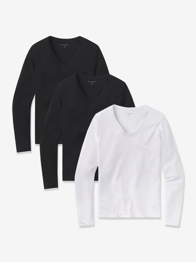  wearing Black/Black/White Long Sleeve V-Neck Tee Marcy 3-Pack