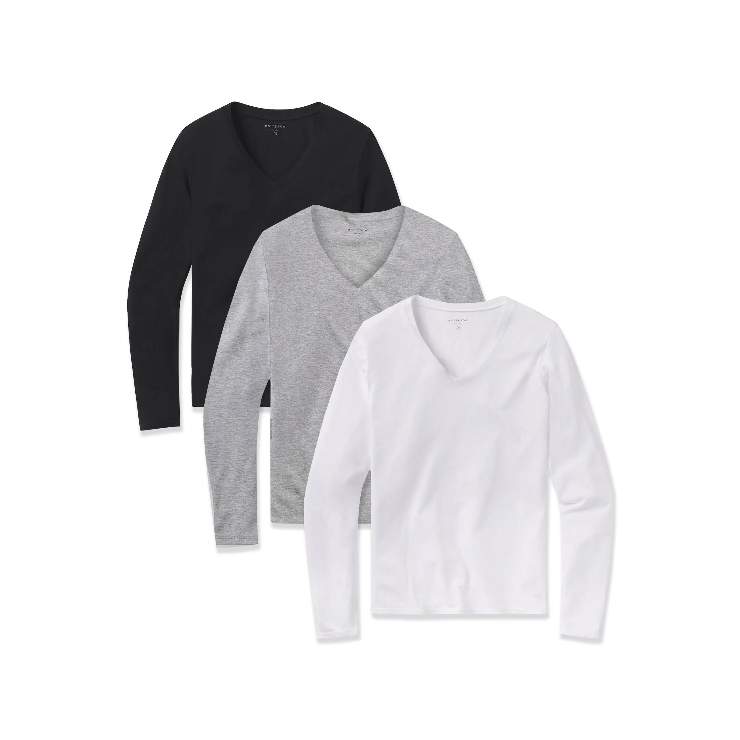  wearing Noir/Gris chiné/Blanc Long Sleeve V-Neck Tee Marcy 3-Pack shirts pour femmes