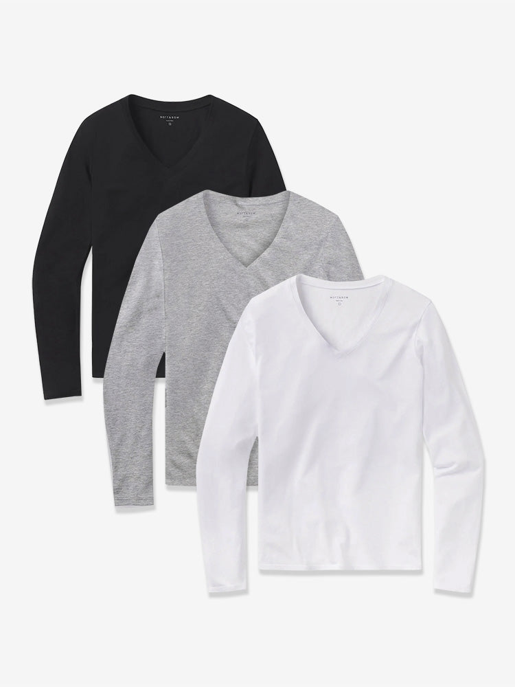  wearing Black/Heather Gray/White Long Sleeve V-Neck Tee Marcy 3-Pack