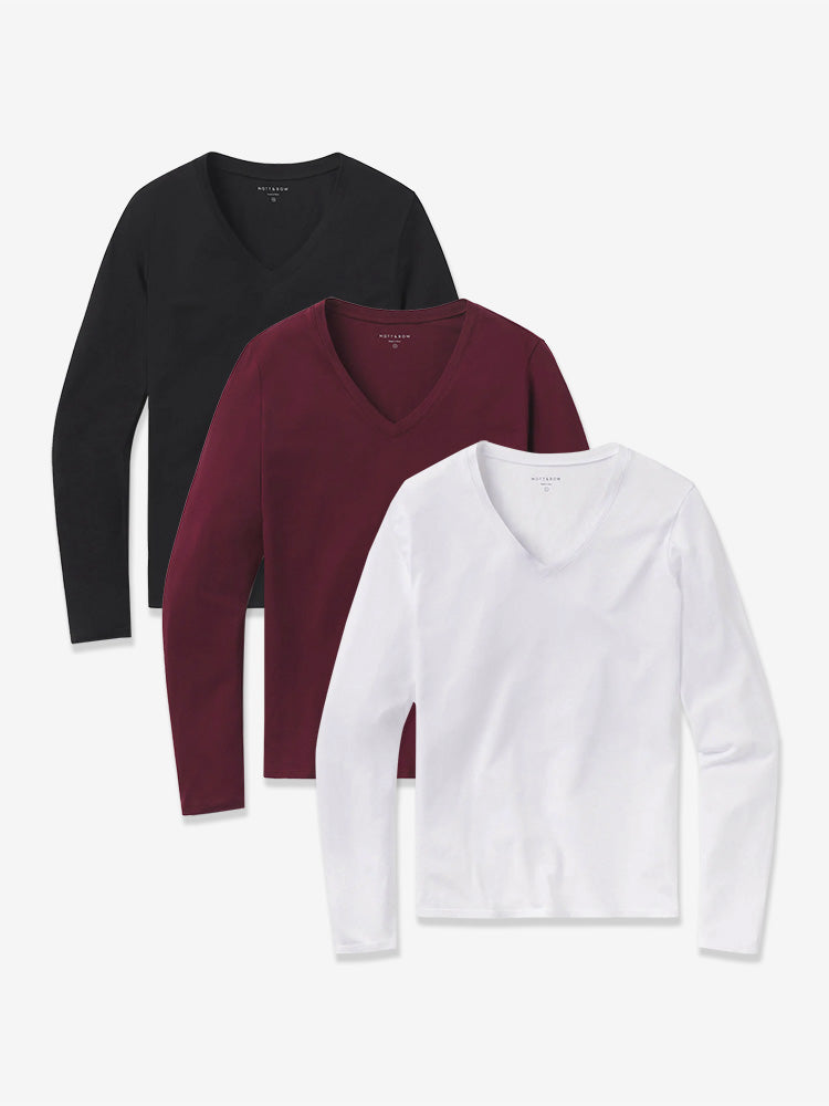  wearing White/Black/Crimson Long Sleeve V-Neck Tee Marcy 3-Pack