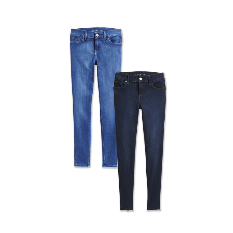  wearing Faded Medium/Dark Blue W/ Raw Hem / Medium Blue Mid Rise Skinny Jane 2-Pack