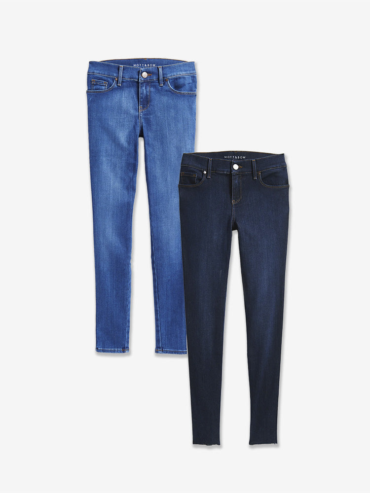 Women wearing Faded Medium/Dark Blue W/ Raw Hem / Medium Blue Mid Rise Skinny Jane 2-Pack