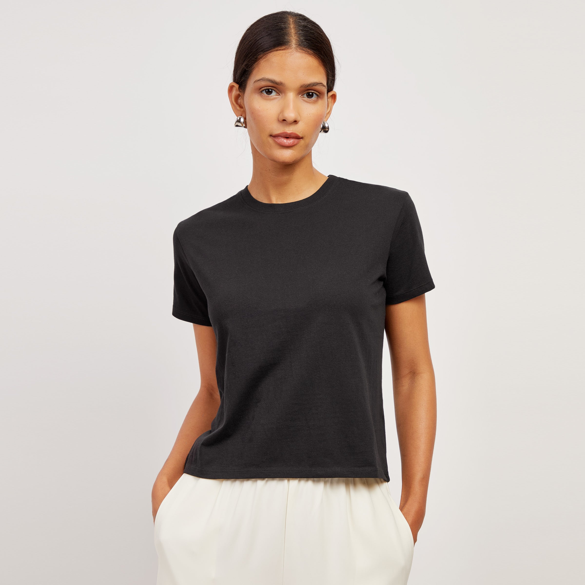 Women wearing Black The Cotton Boxy Crew Tee