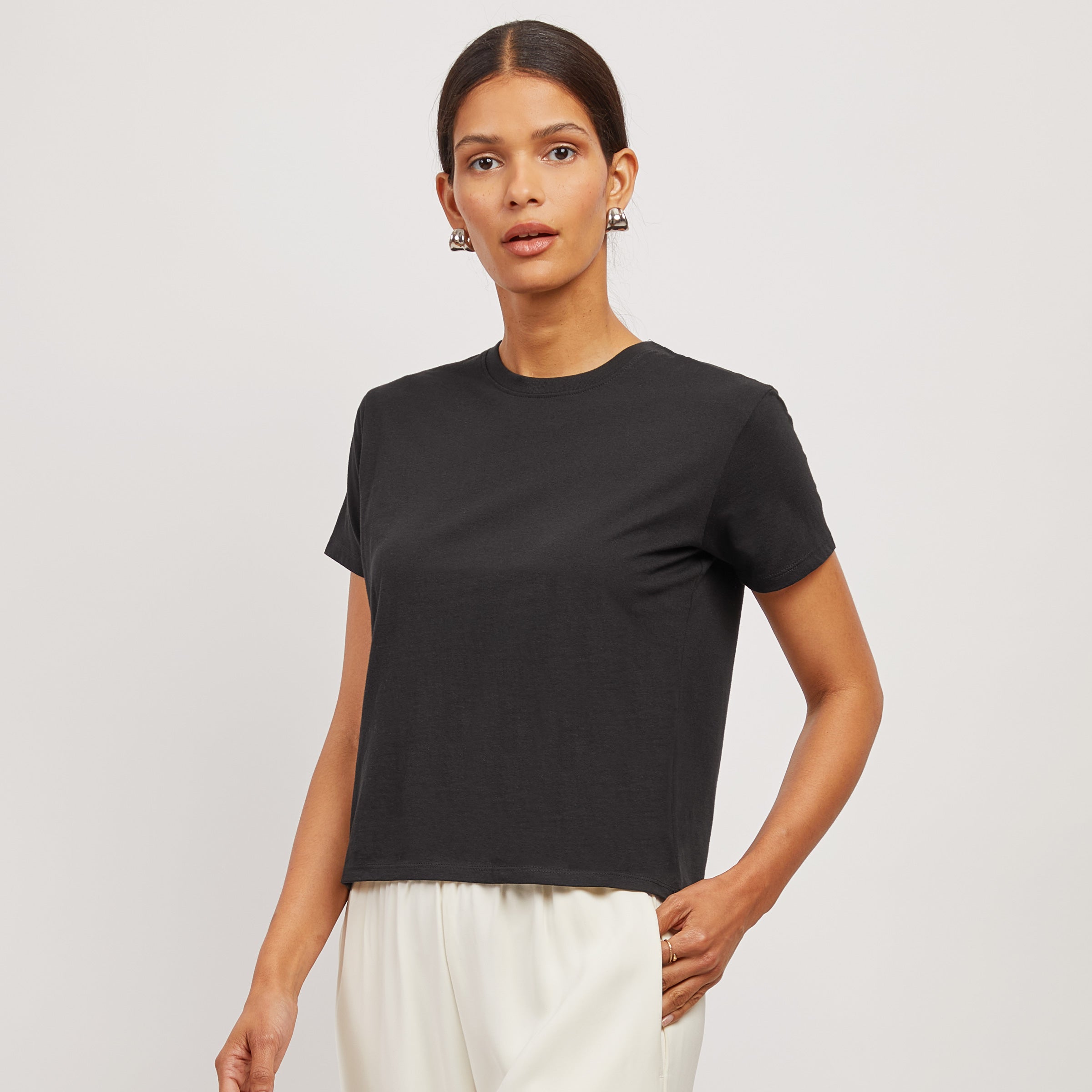 Women wearing Black The Cotton Boxy Crew Tee