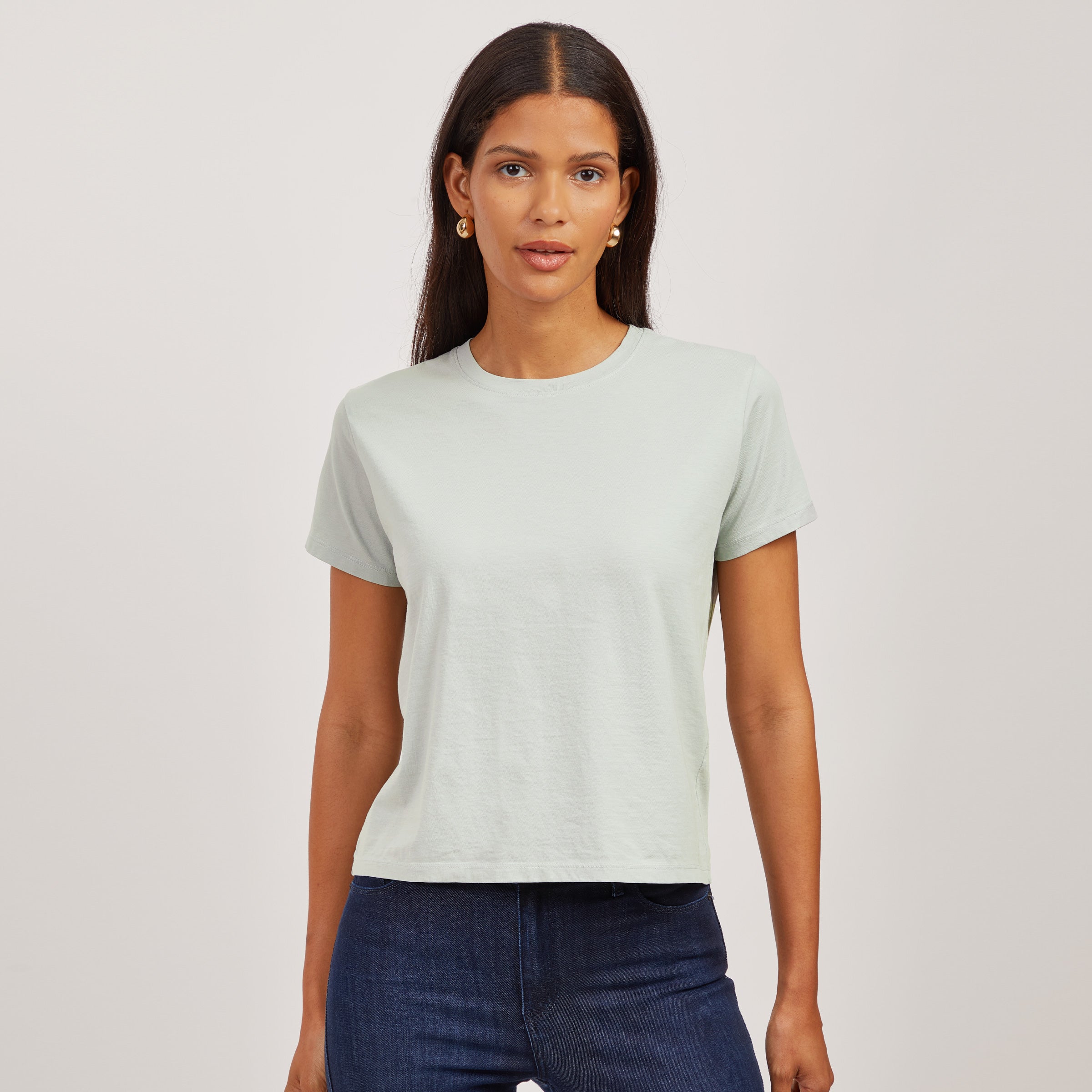 Women wearing Honeydew Cotton Boxy Crew Tee