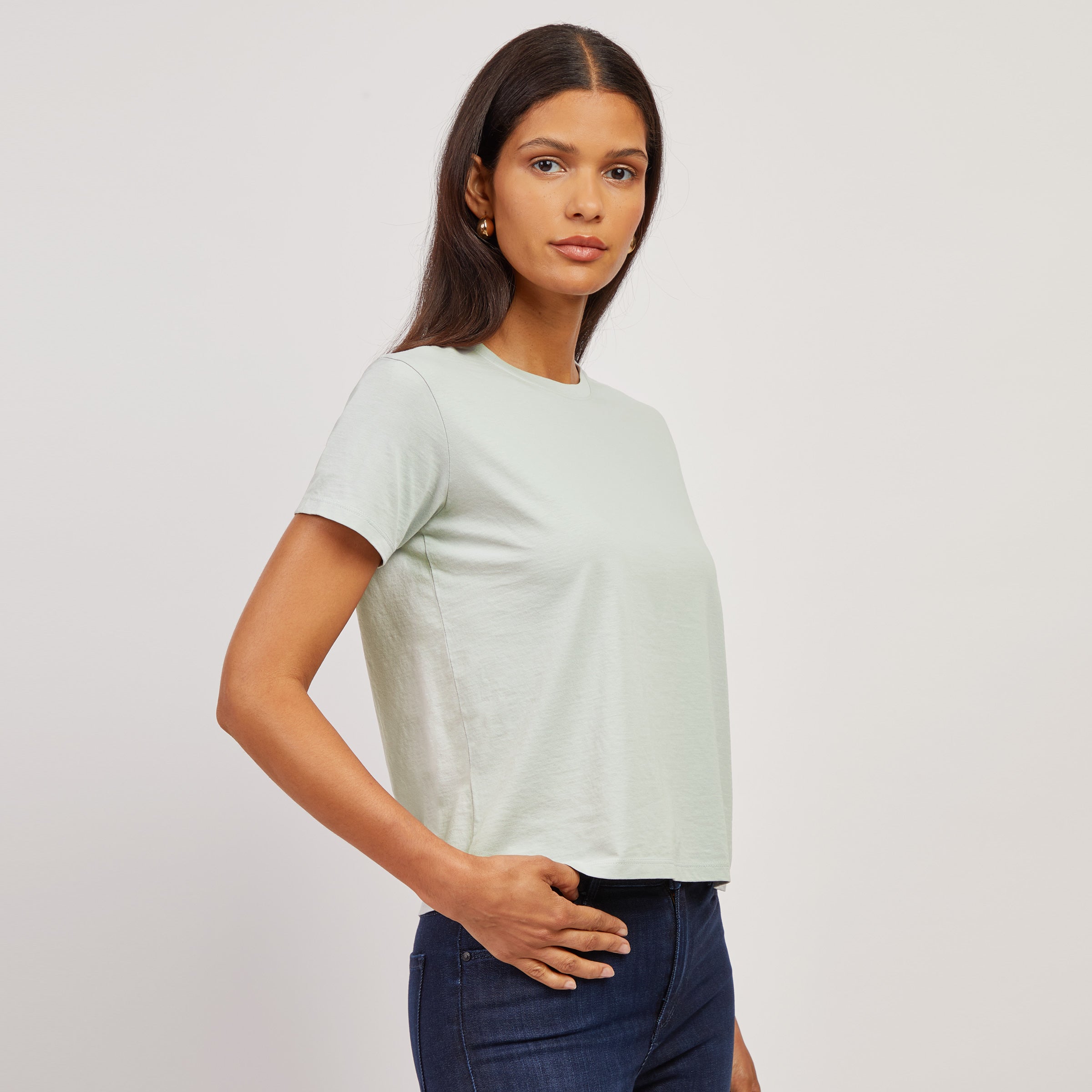 Women wearing Honeydew Cotton Boxy Crew Tee