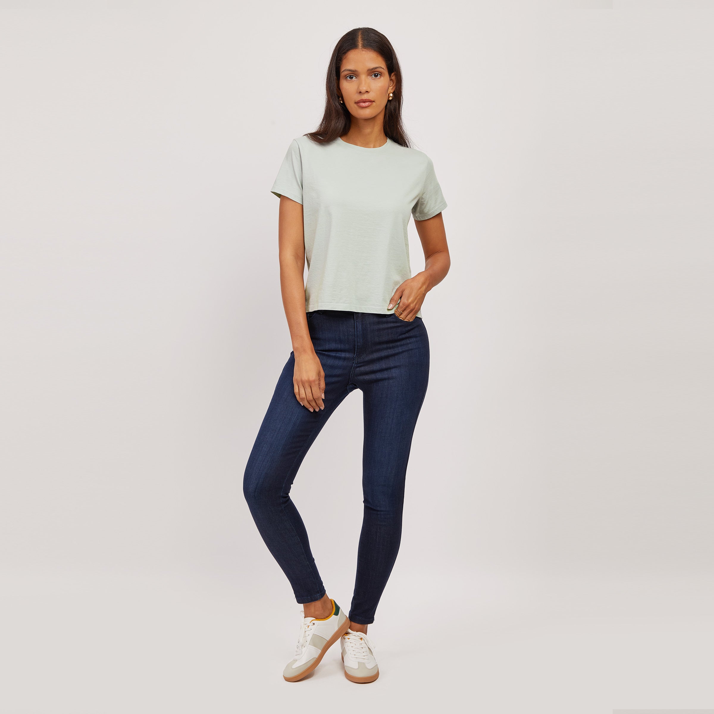 Women wearing Honeydew Cotton Boxy Crew Tee