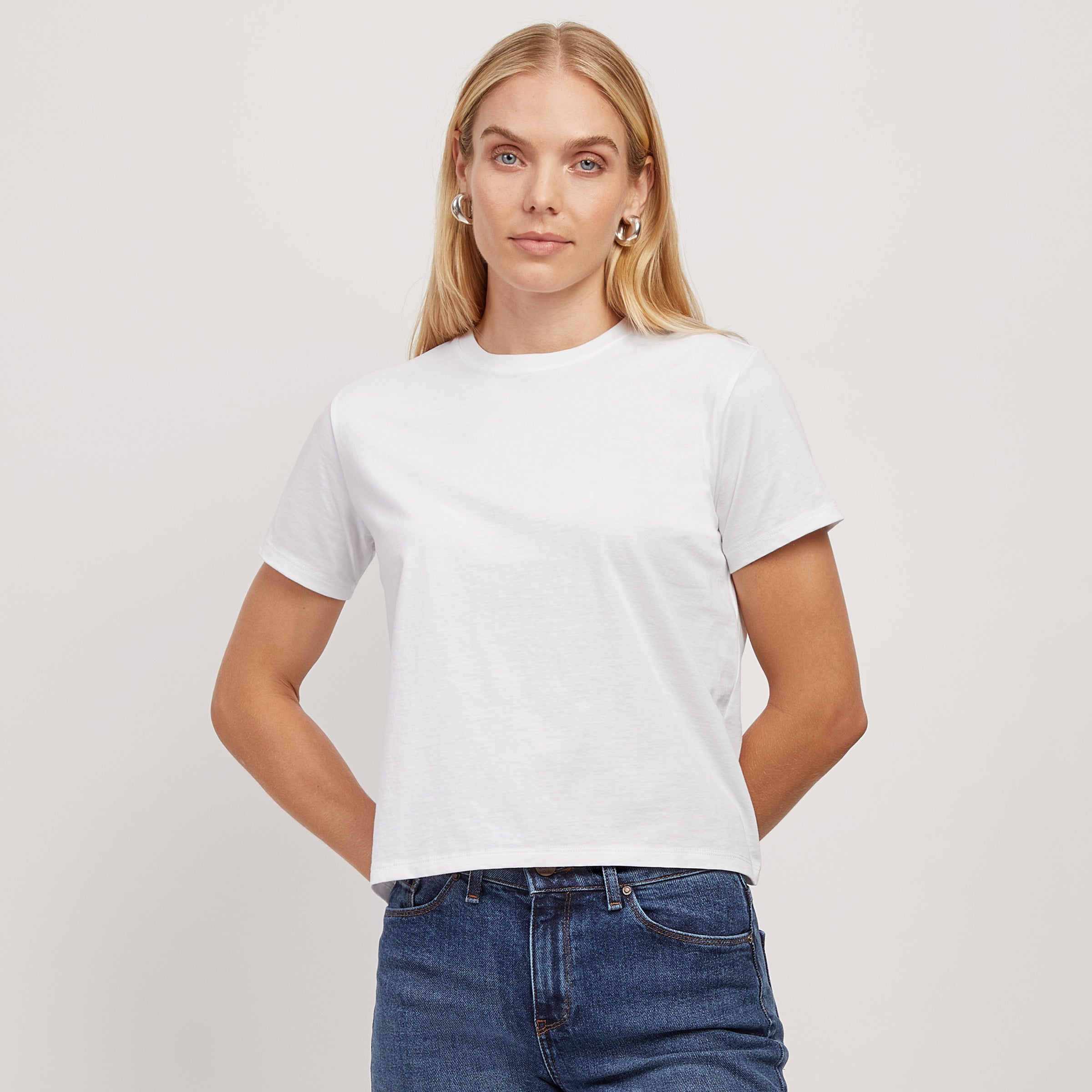 Women wearing White The Cotton Boxy Crew Tee