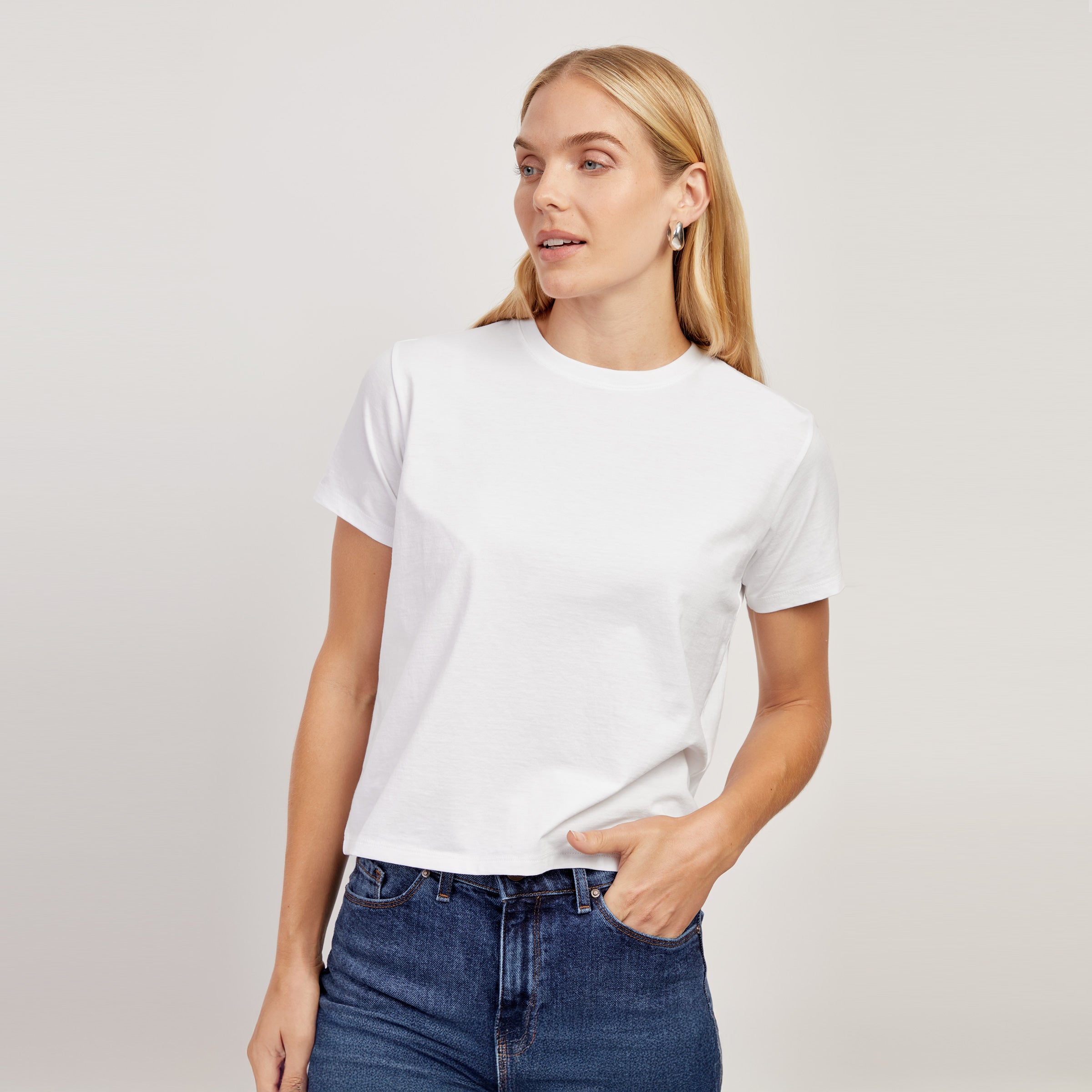 Women wearing Blanco The Cotton Boxy Crew Tee