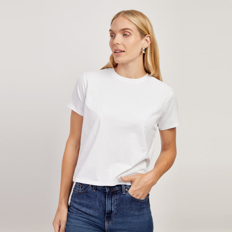 Women wearing White The Cotton Boxy Crew Tee