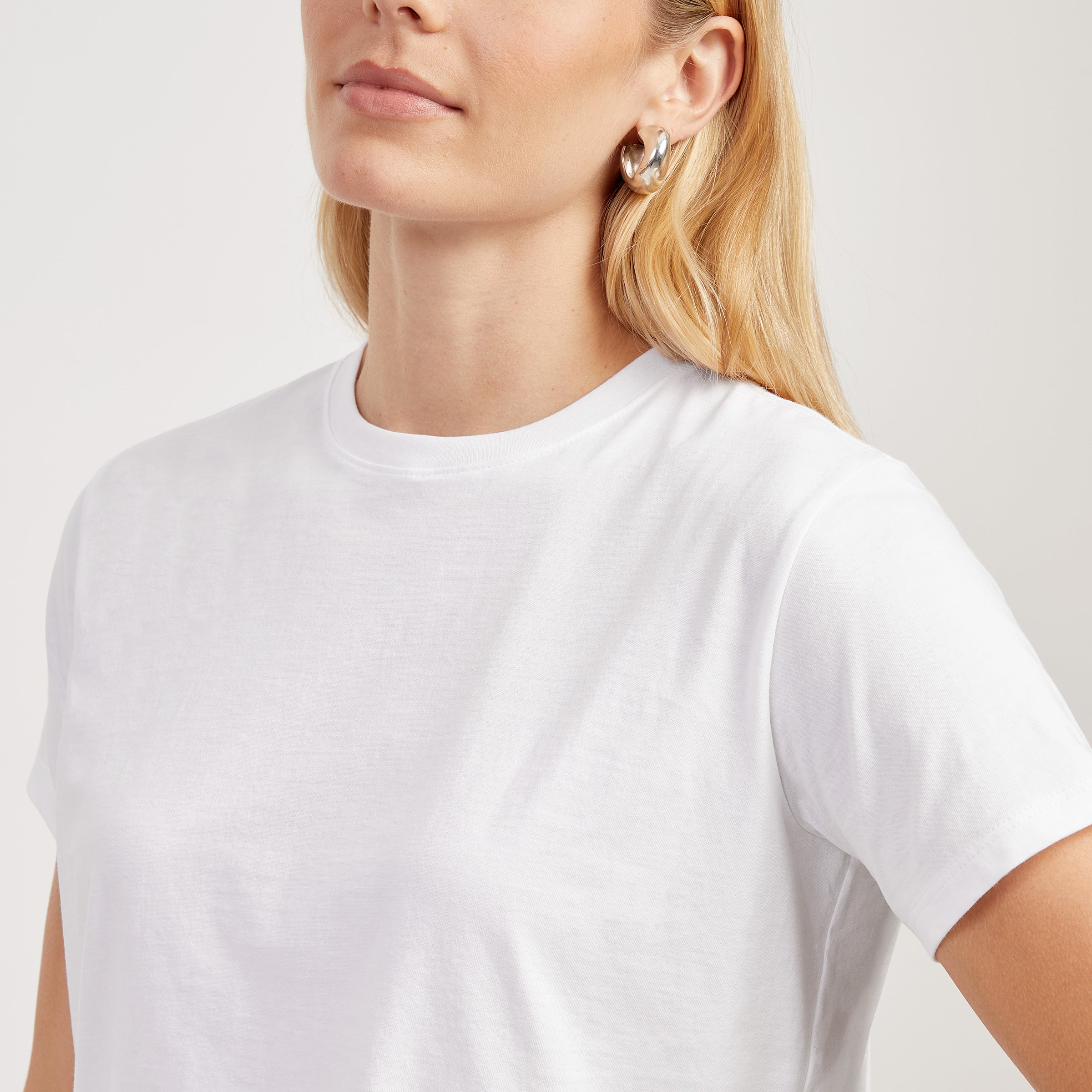 Women wearing Blanco The Cotton Boxy Crew Tee