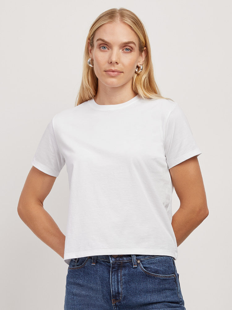 Women wearing White The Cotton Boxy Crew Tee