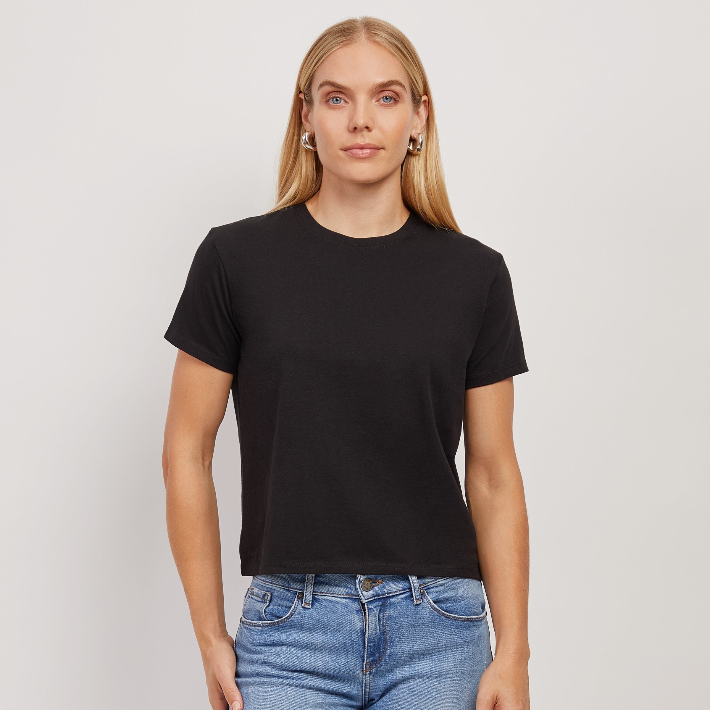 Women wearing Black Cropped Fitted Crew Marcy Tee