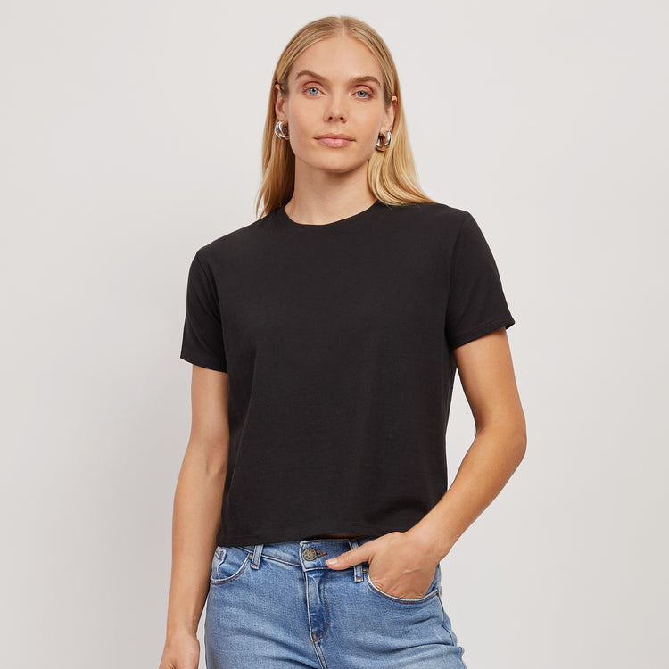 Women wearing Black Cropped Fitted Crew Marcy Tee