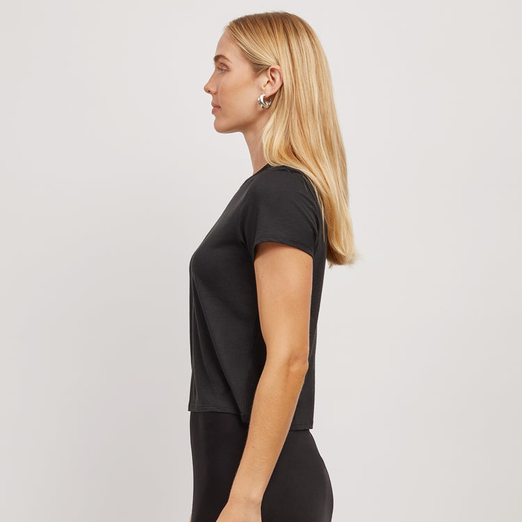 Women wearing Black Cropped Fitted Crew Marcy Tee