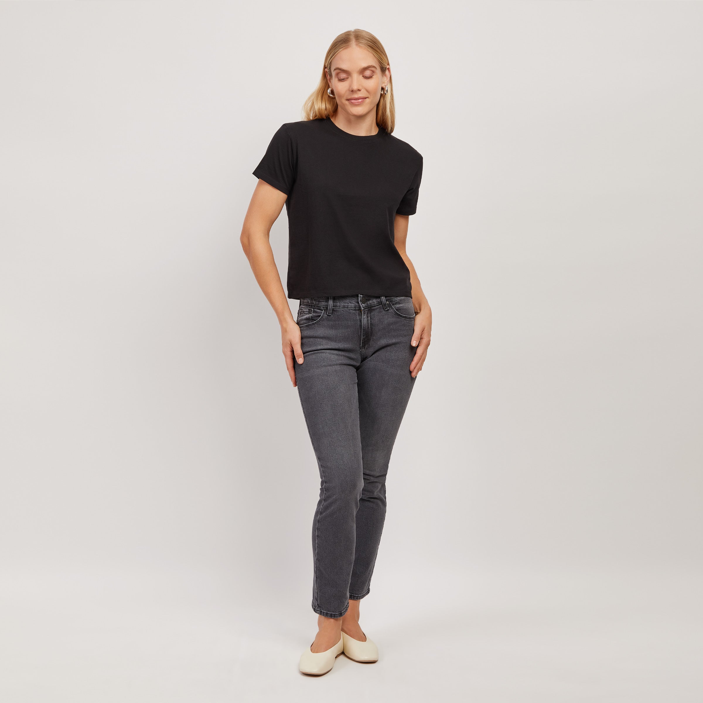 Women wearing Black Cropped Fitted Crew Marcy Tee