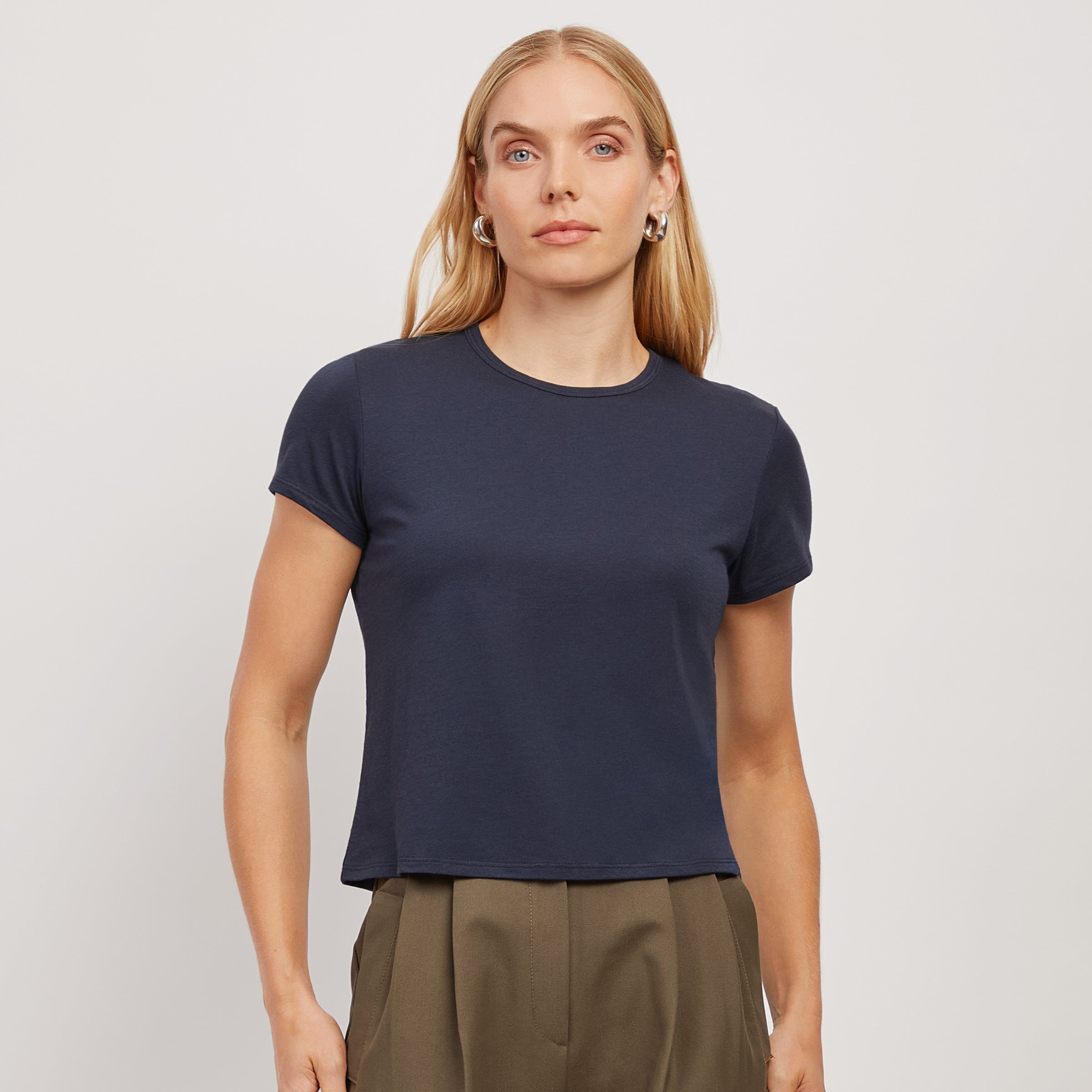 Women wearing Navy Cropped Fitted Crew Marcy Tee