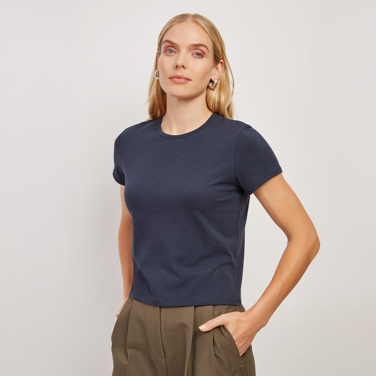 Women wearing Navy Cropped Fitted Crew Marcy Tee