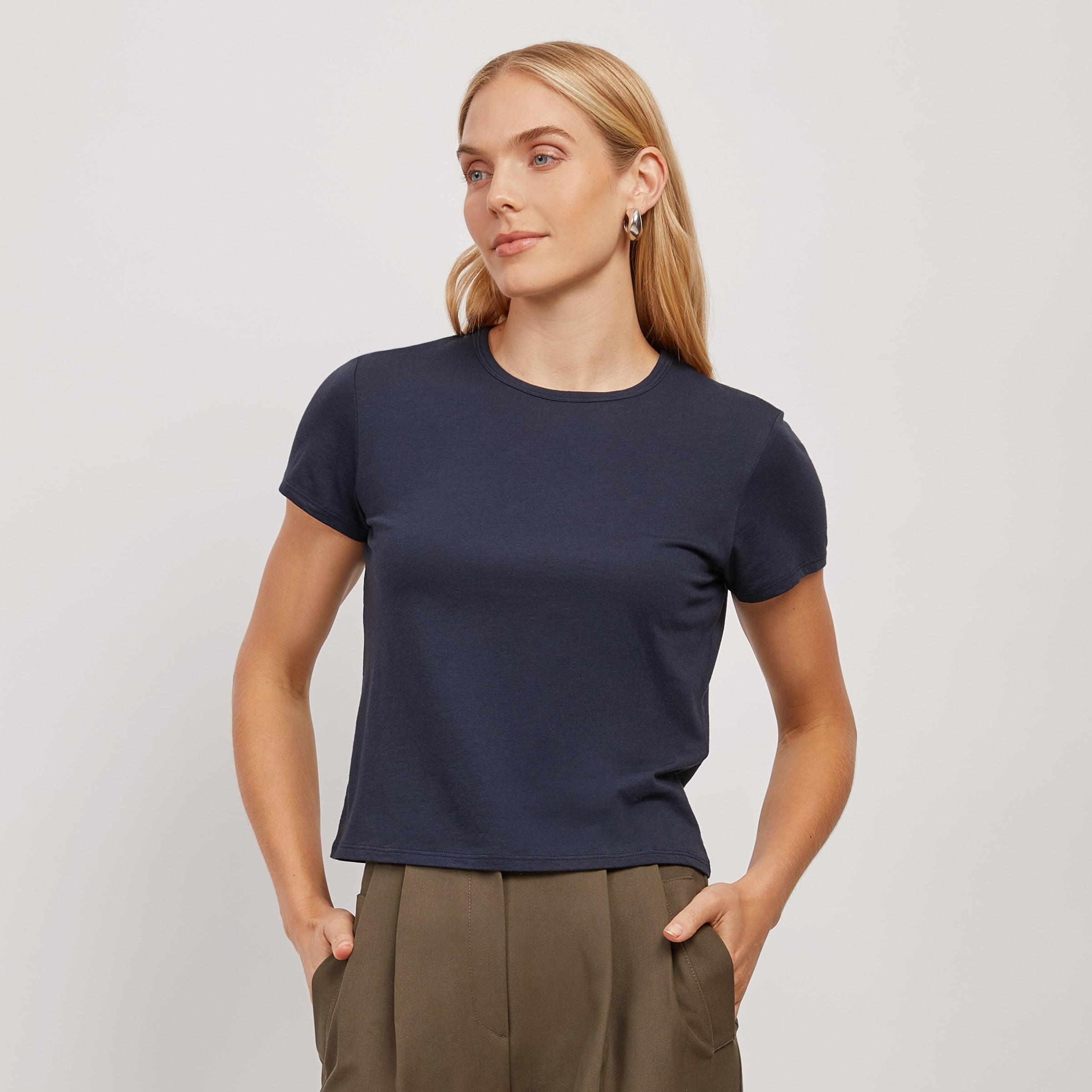 Women wearing Navy Cropped Fitted Crew Marcy Tee