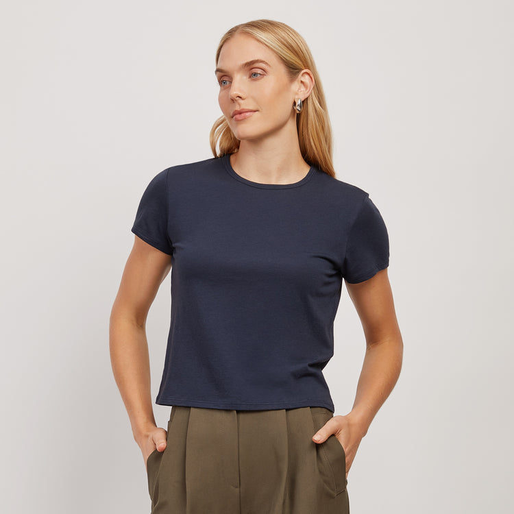 Women wearing Navy Cropped Fitted Crew Marcy Tee