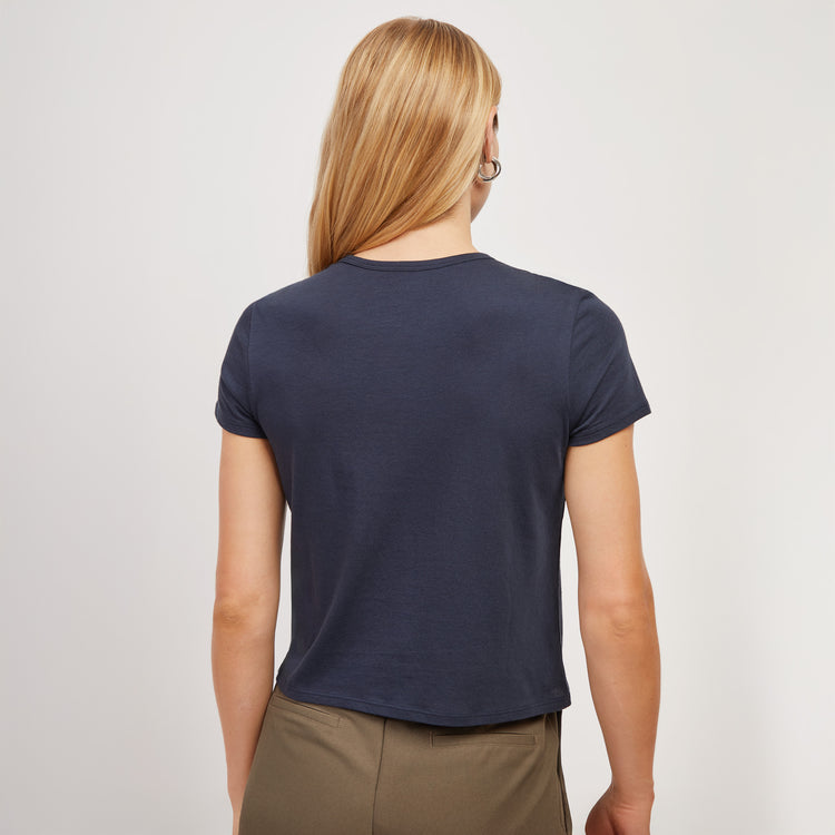 Women wearing Navy Cropped Fitted Crew Marcy Tee