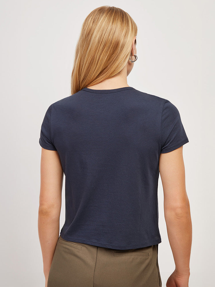 Women wearing Navy Cropped Fitted Crew Marcy Tee