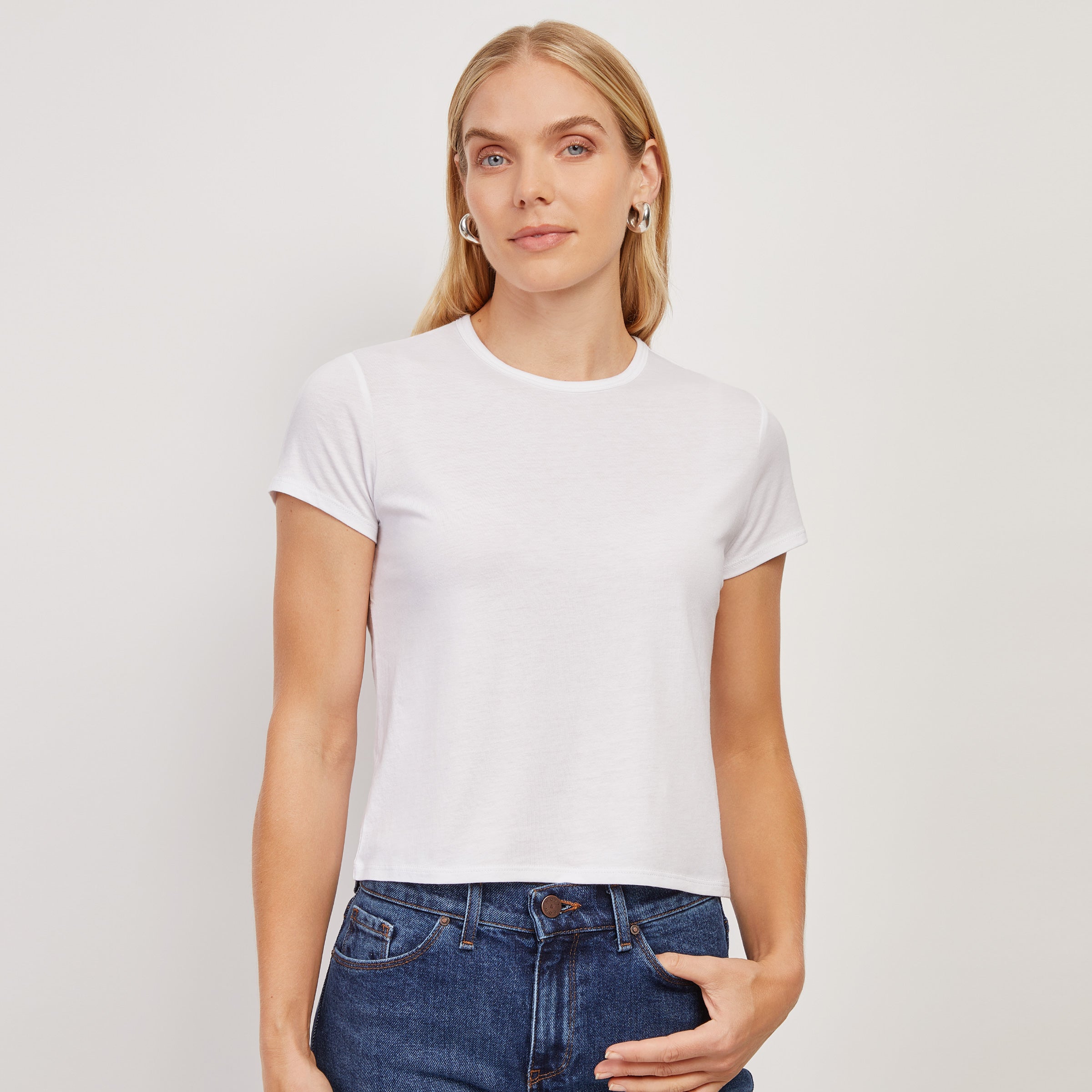 Women wearing White Cropped Fitted Crew Marcy Tee