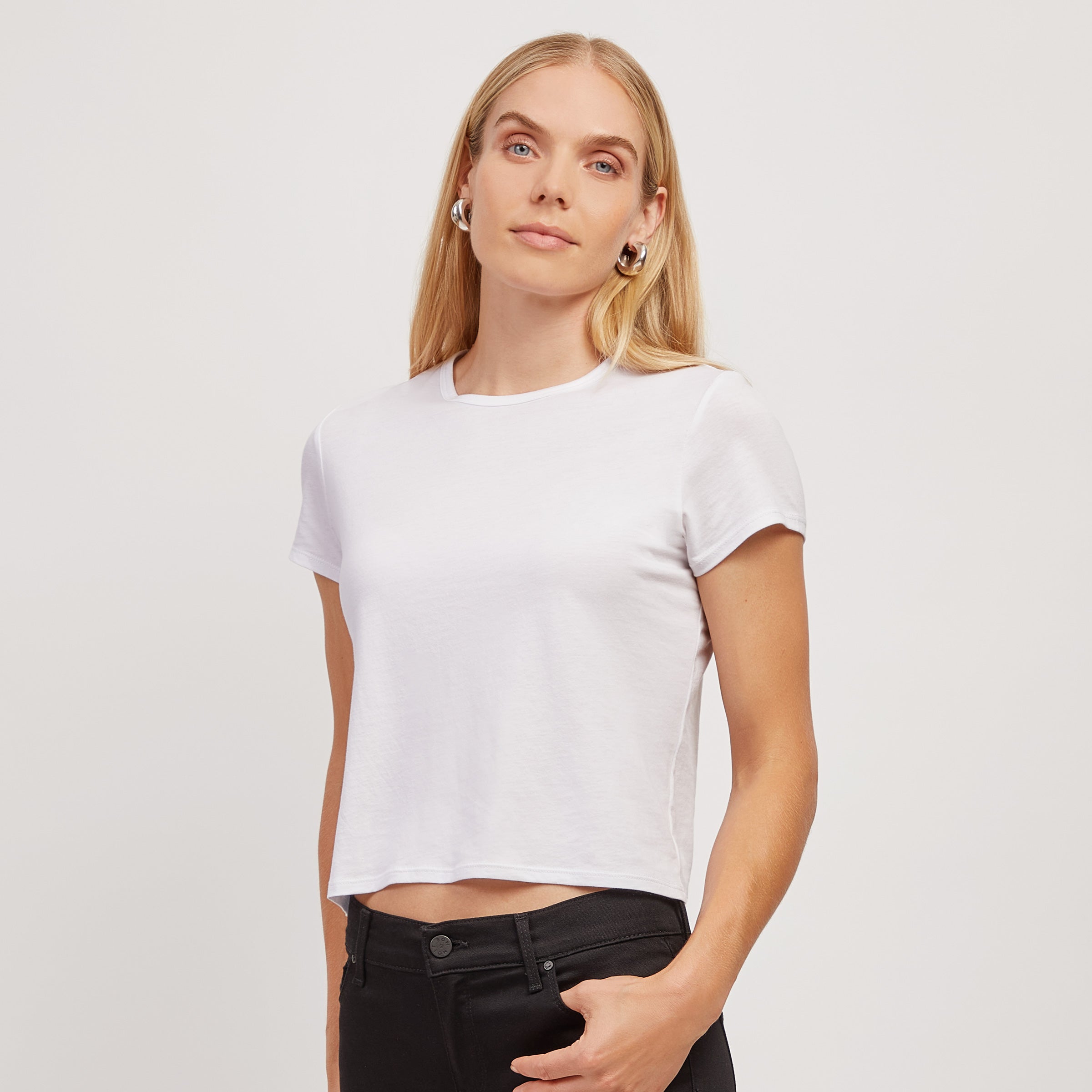 Women wearing White Cropped Fitted Crew Marcy Tee