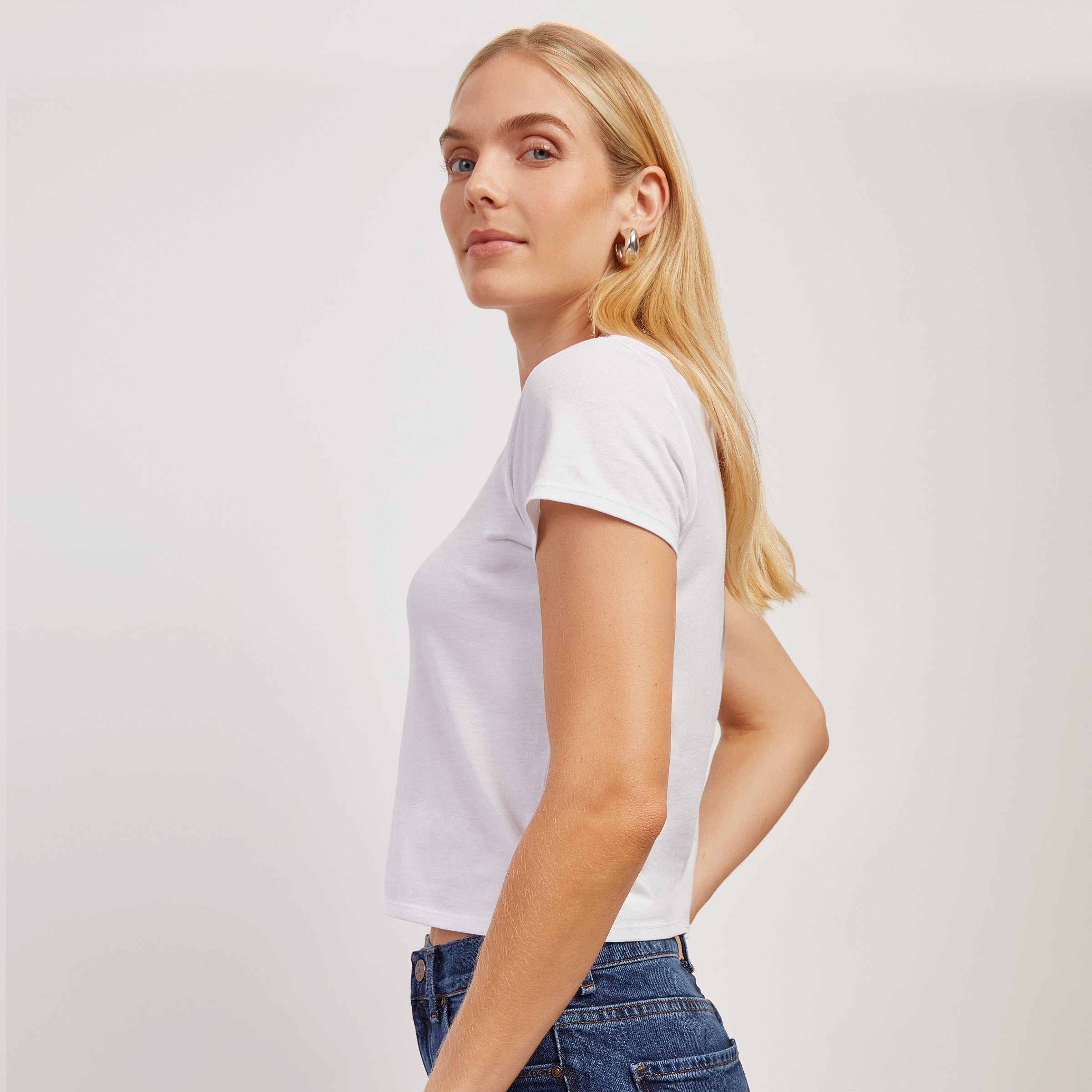 Women wearing White Cropped Fitted Crew Marcy Tee