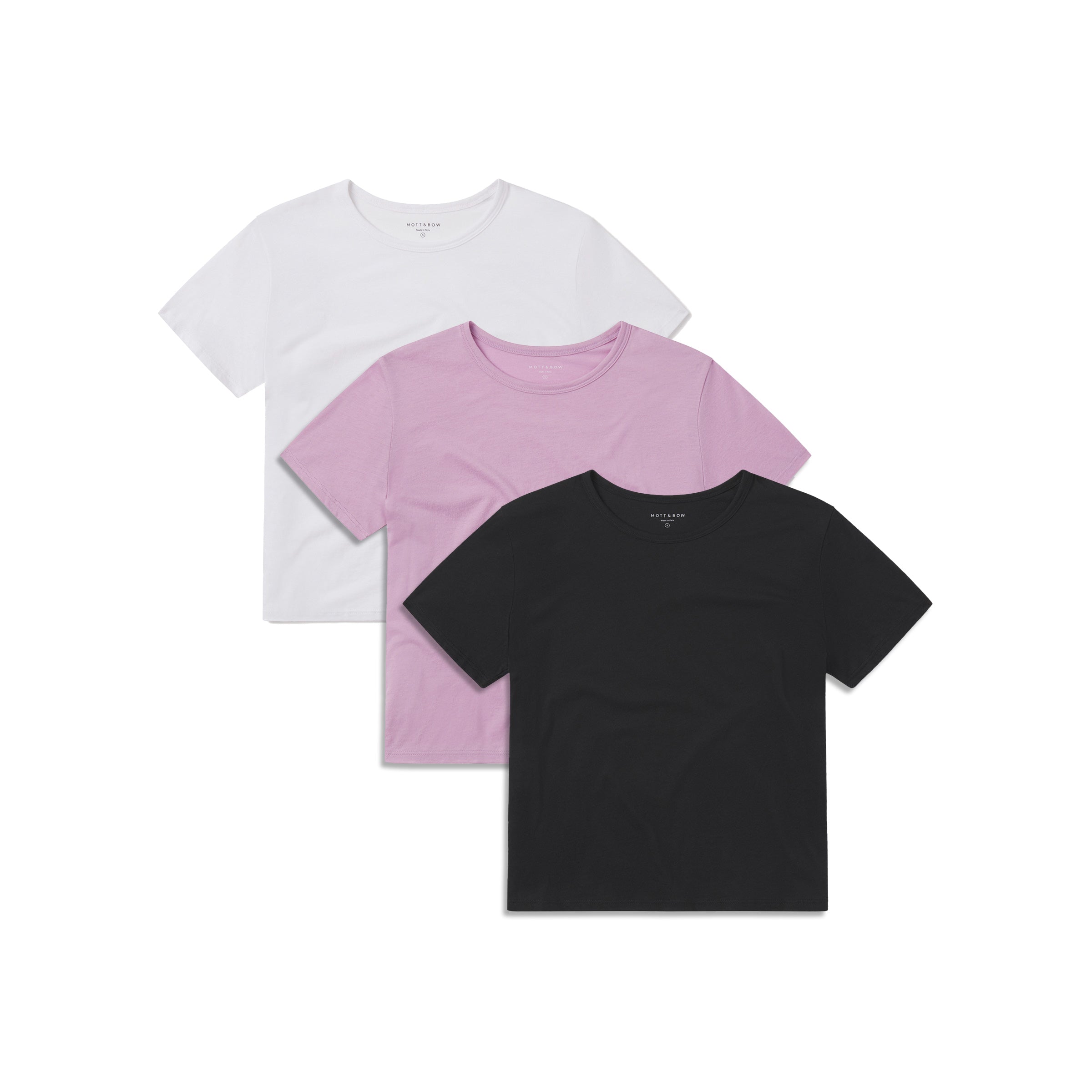 Women wearing Rose Pink/Black/White Cropped Fitted Crew Marcy Tee 3-Pack