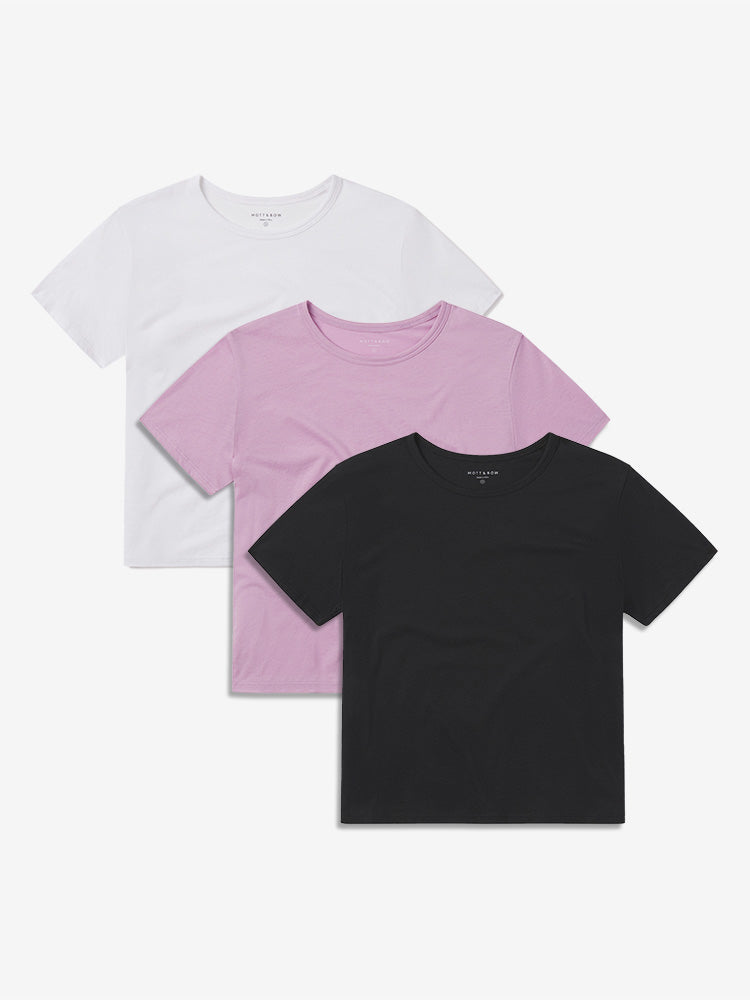 Women wearing Rose Pink/Black/White Cropped Fitted Crew Marcy Tee 3-Pack tees