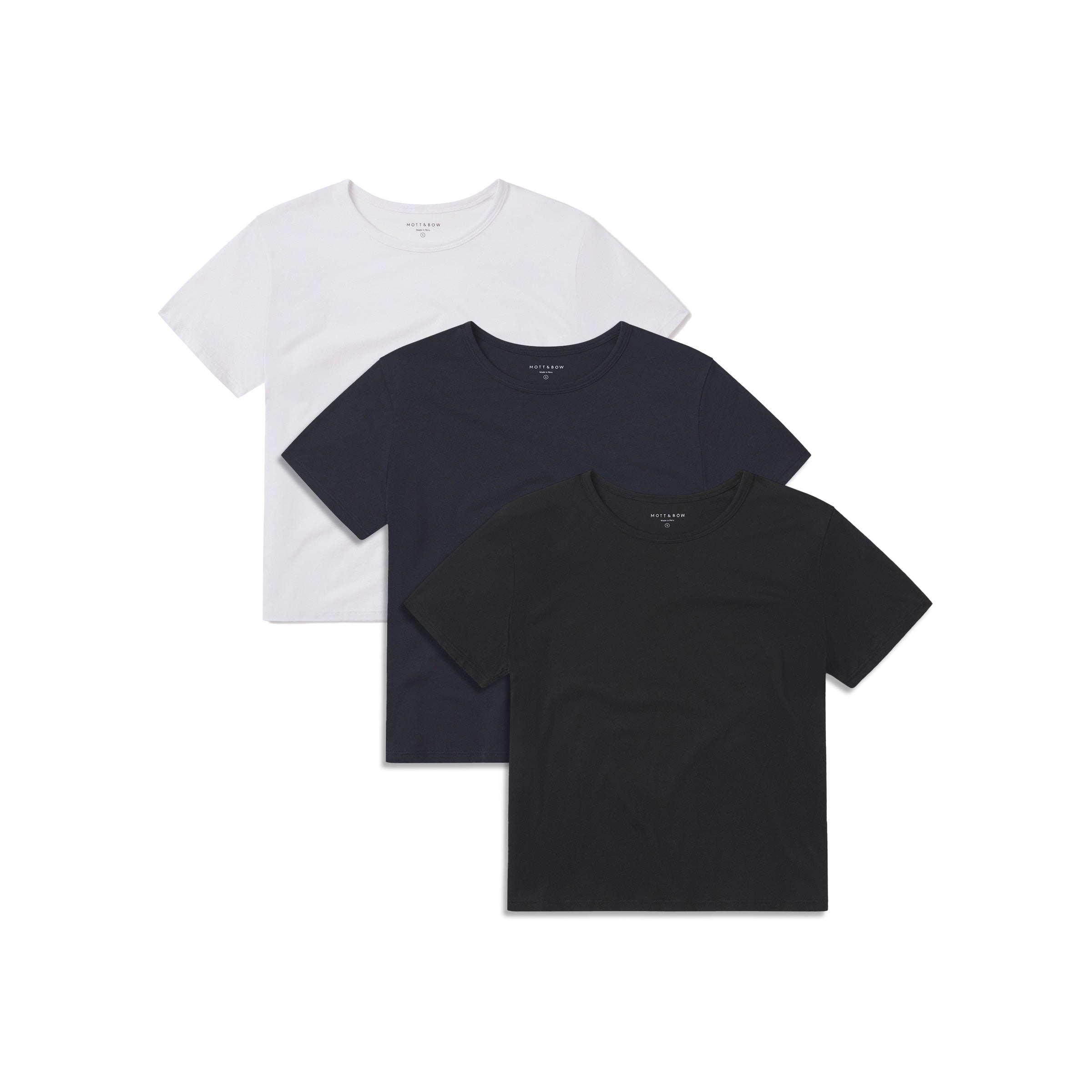 Women wearing White/Black/Navy Cropped Fitted Crew Marcy Tee 3-Pack