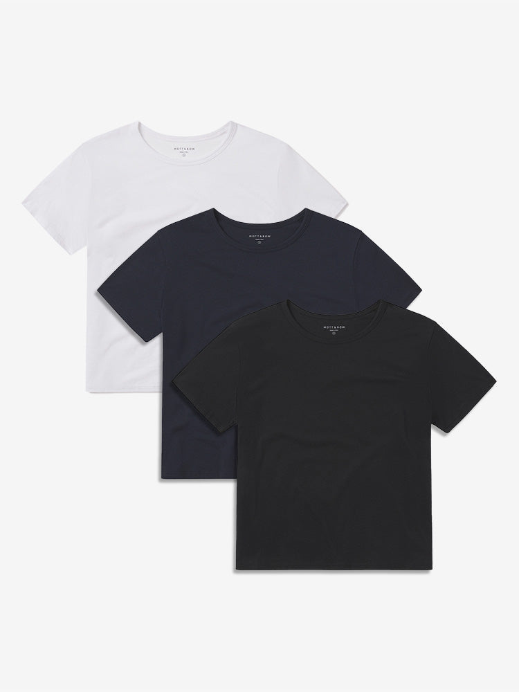 Women wearing White/Black/Navy Cropped Fitted Crew Marcy Tee 3-Pack tees