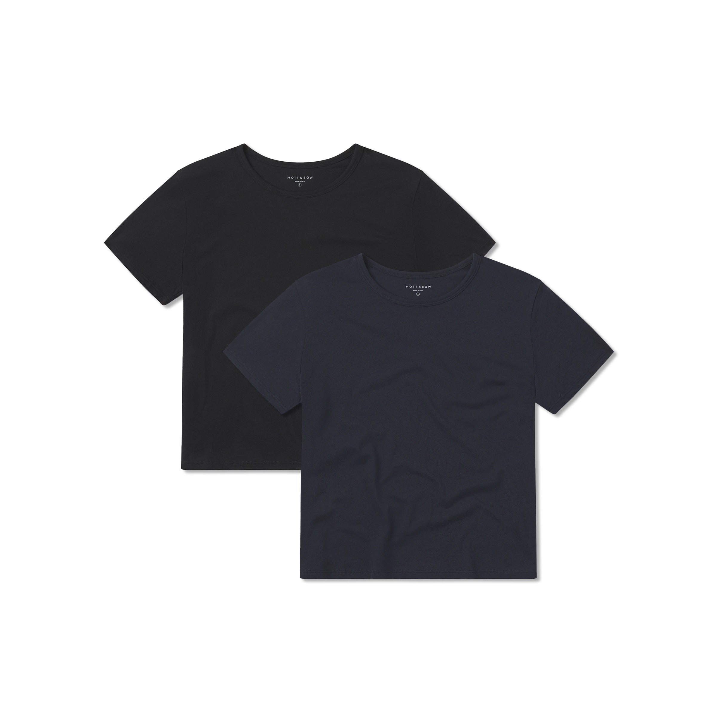 Women wearing Black/Navy Cropped Fitted Crew Marcy Tee 2-Pack