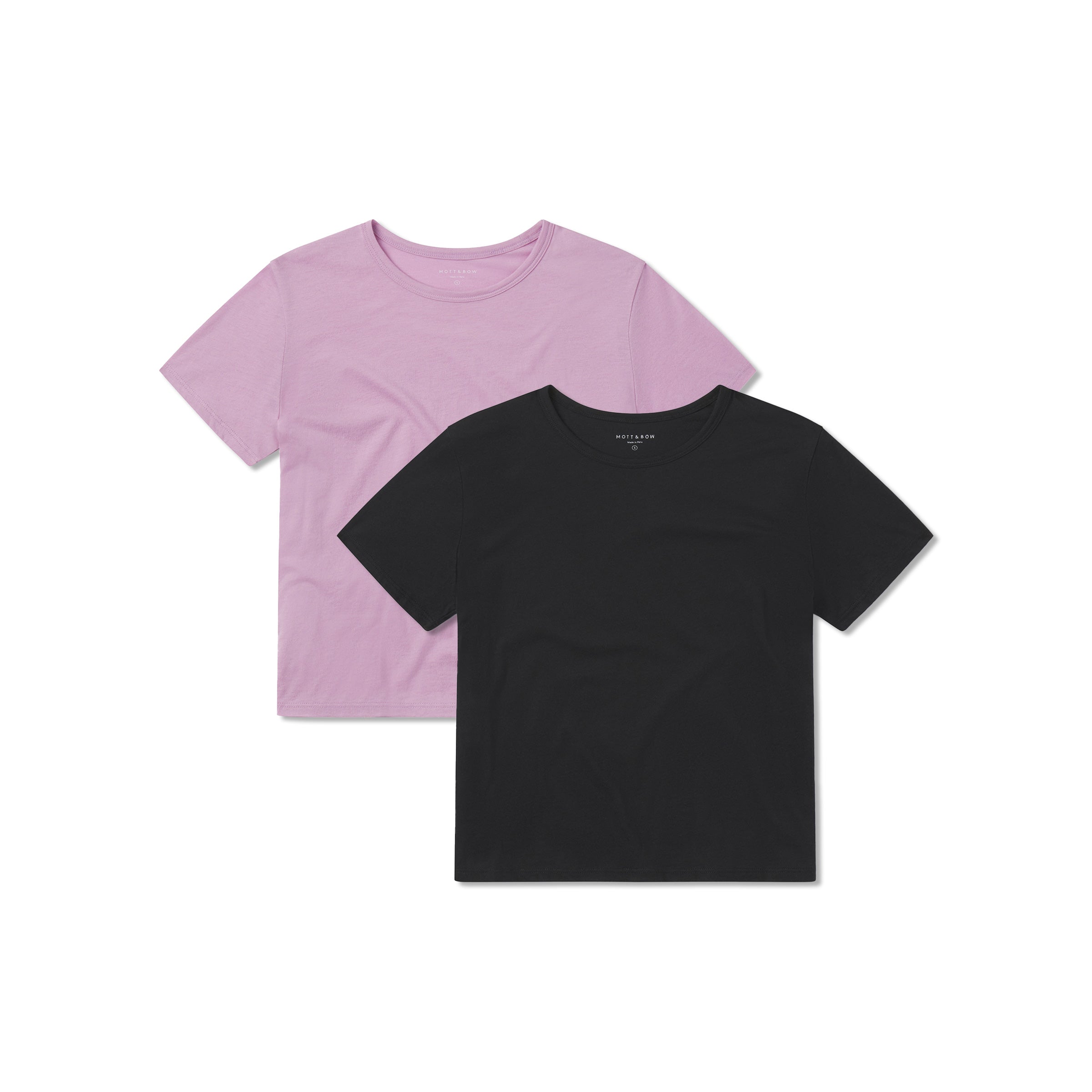 Women wearing Rose Pink/Black Cropped Fitted Crew Marcy Tee 2-Pack