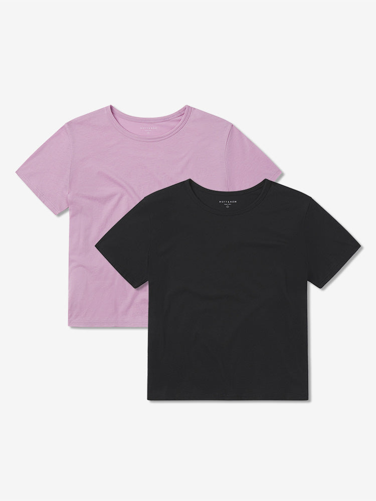 Women wearing Rose Pink/Black Cropped Fitted Crew Marcy Tee 2-Pack tees