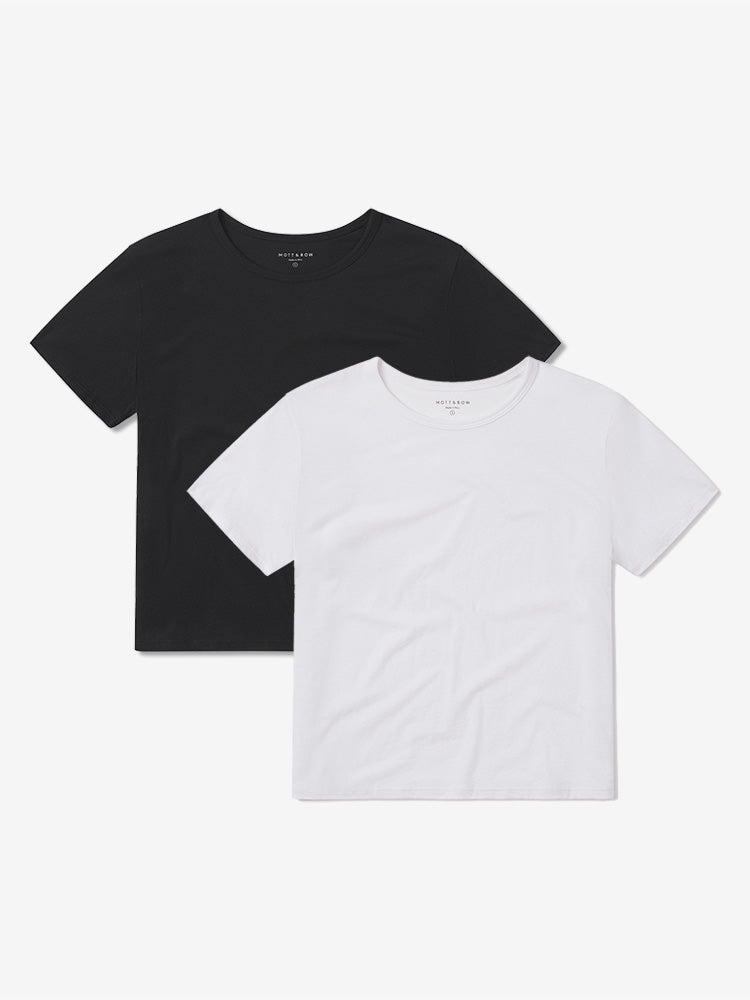 Women wearing White/Black Cropped Fitted Crew Marcy Tee 2-Pack tees