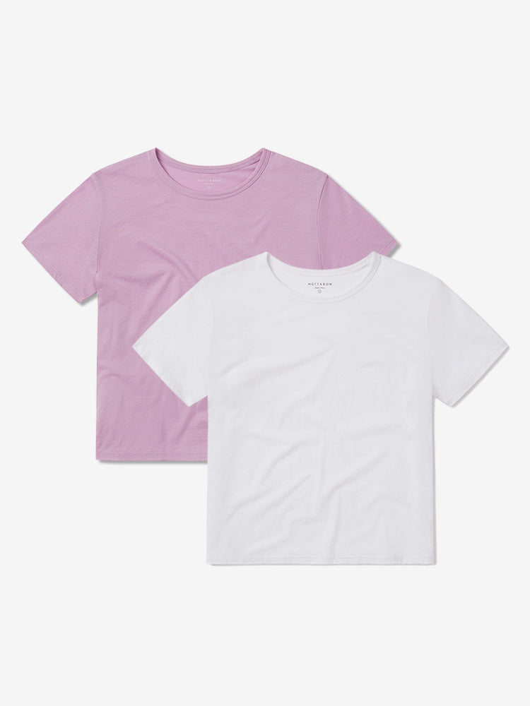 Women wearing White/Rose Pink Cropped Fitted Crew Marcy Tee 2-Pack tees