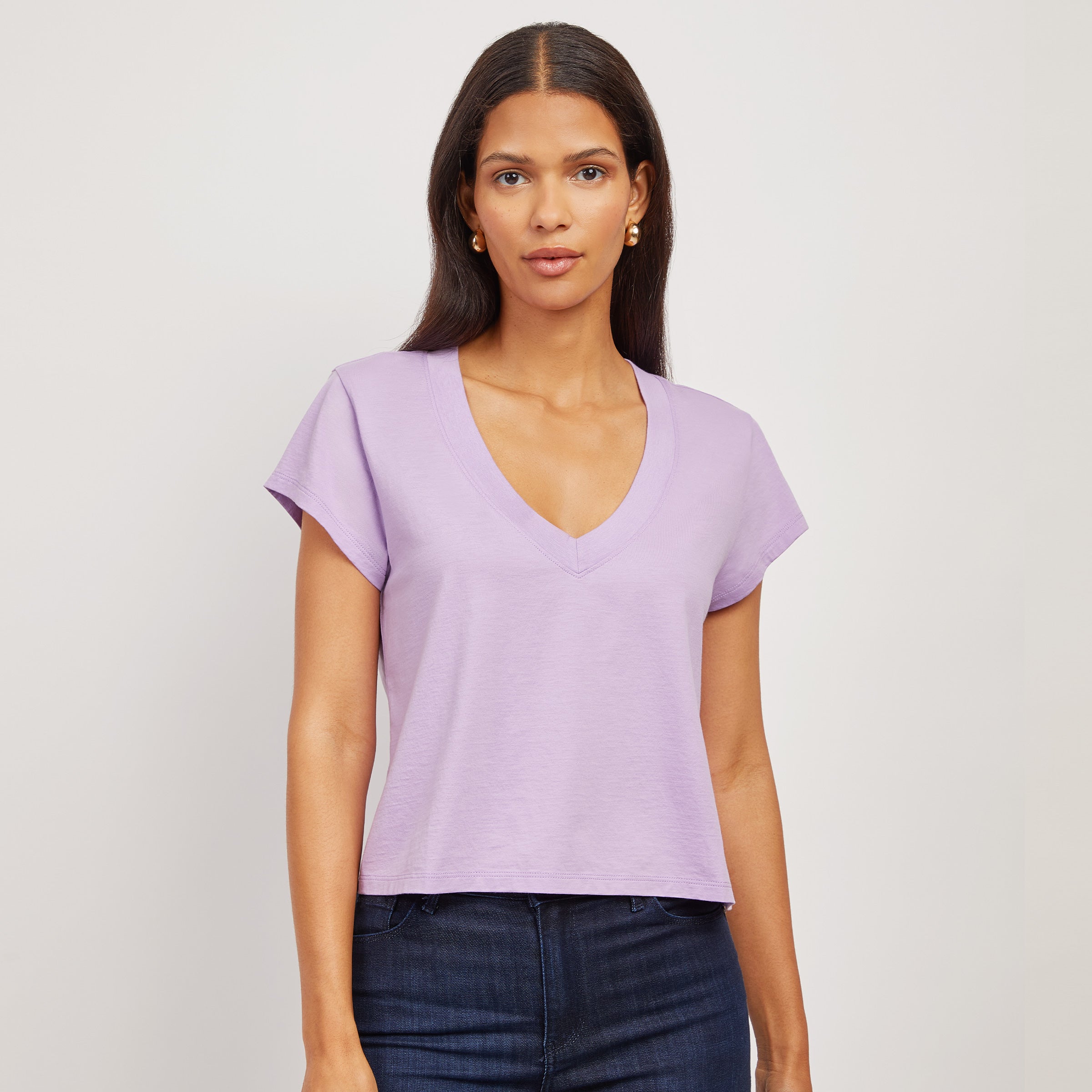 Women wearing Lilac The Cotton Boxy Deep V-Neck Tee